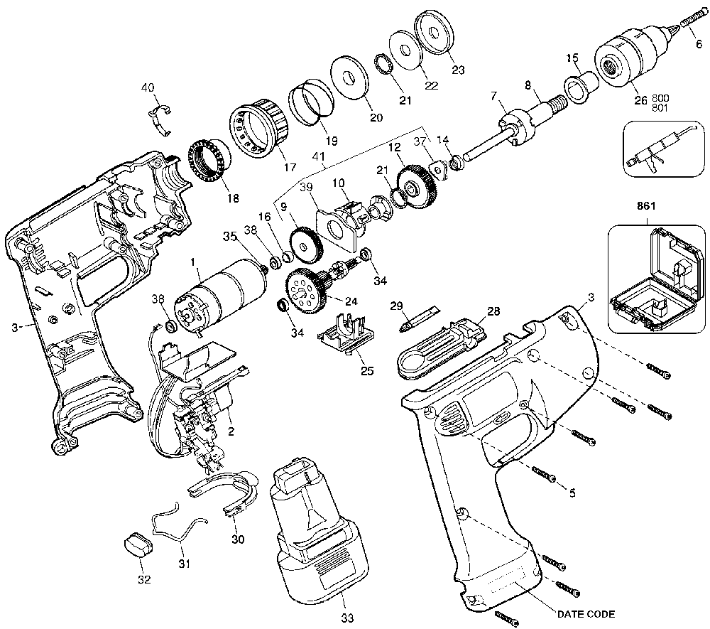 Exploded Diagram A Diagram and Parts List for 1965K-50 Type 2 Black and Decker Cordless Drill